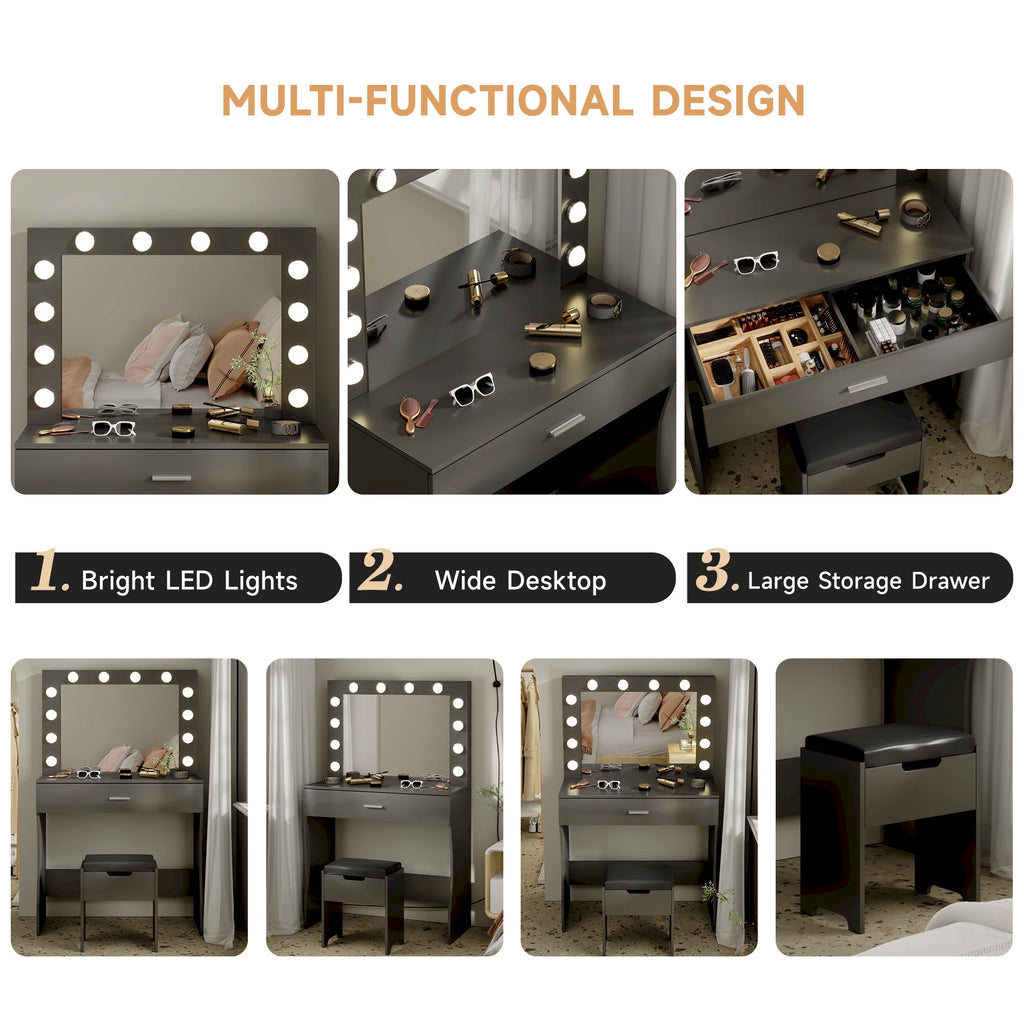 Vanity Table Set with Lighted Mirror,Makeup Vanity with Lights, Large Drawer Sturdy Wood Vanity, White