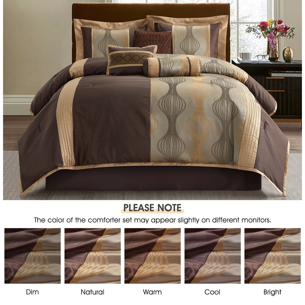 Lanco Elegant Black and Gold Comforter Set,Striped, 7 Pieces Jacquard Bedding Sets with Comforter for All Season, Bed Skirt, Pillows & Shams, Queen Size, Lightweight Microfiber