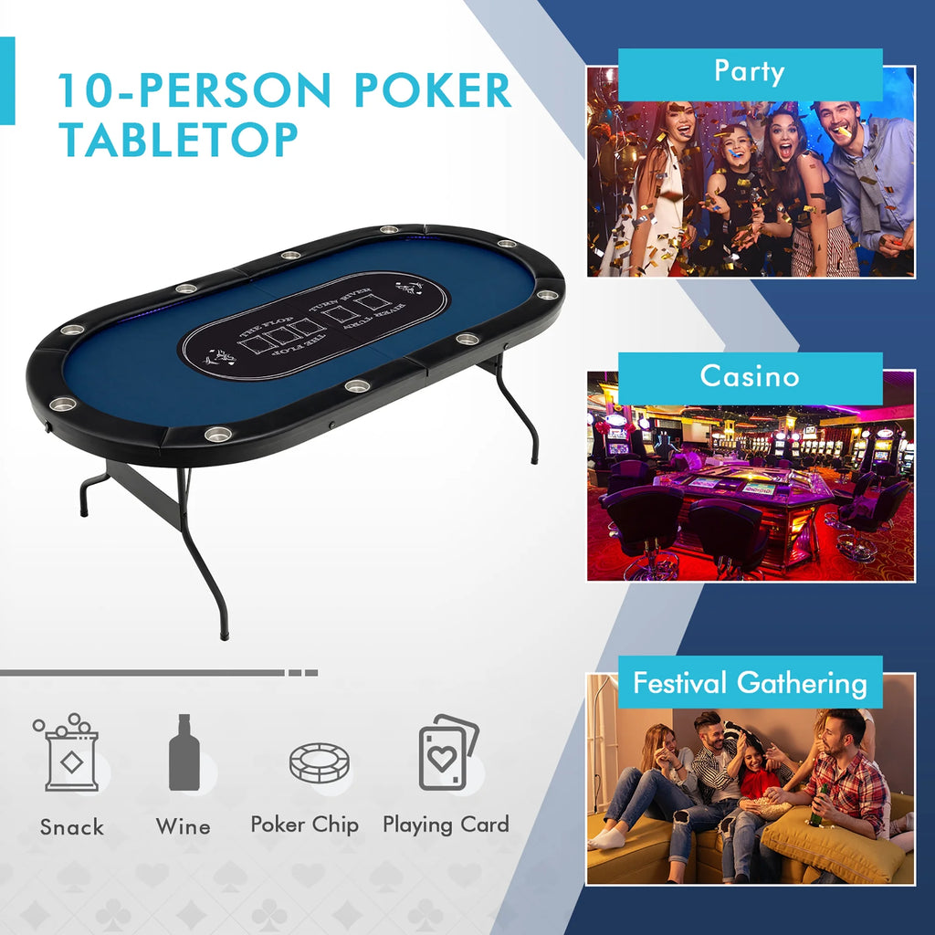 Costway Foldable, USB Ports, Led Lights 10 Player Poker Table, Blue/Black