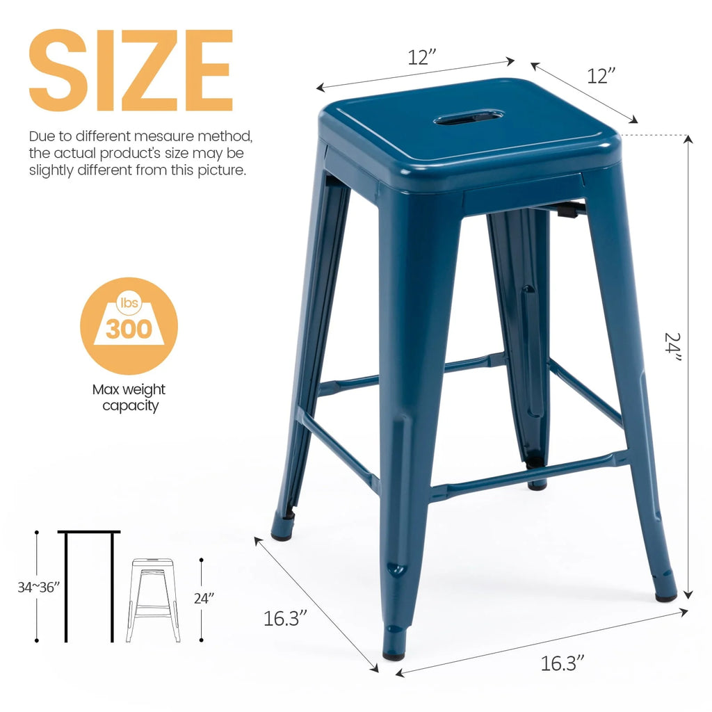 Brage Living Blue Backless Metal Bar Stools Indoor-Outdoor Counter Height Stool Backless Stackable Barstools Kitchen Counter Stools Chairs, Set of 4