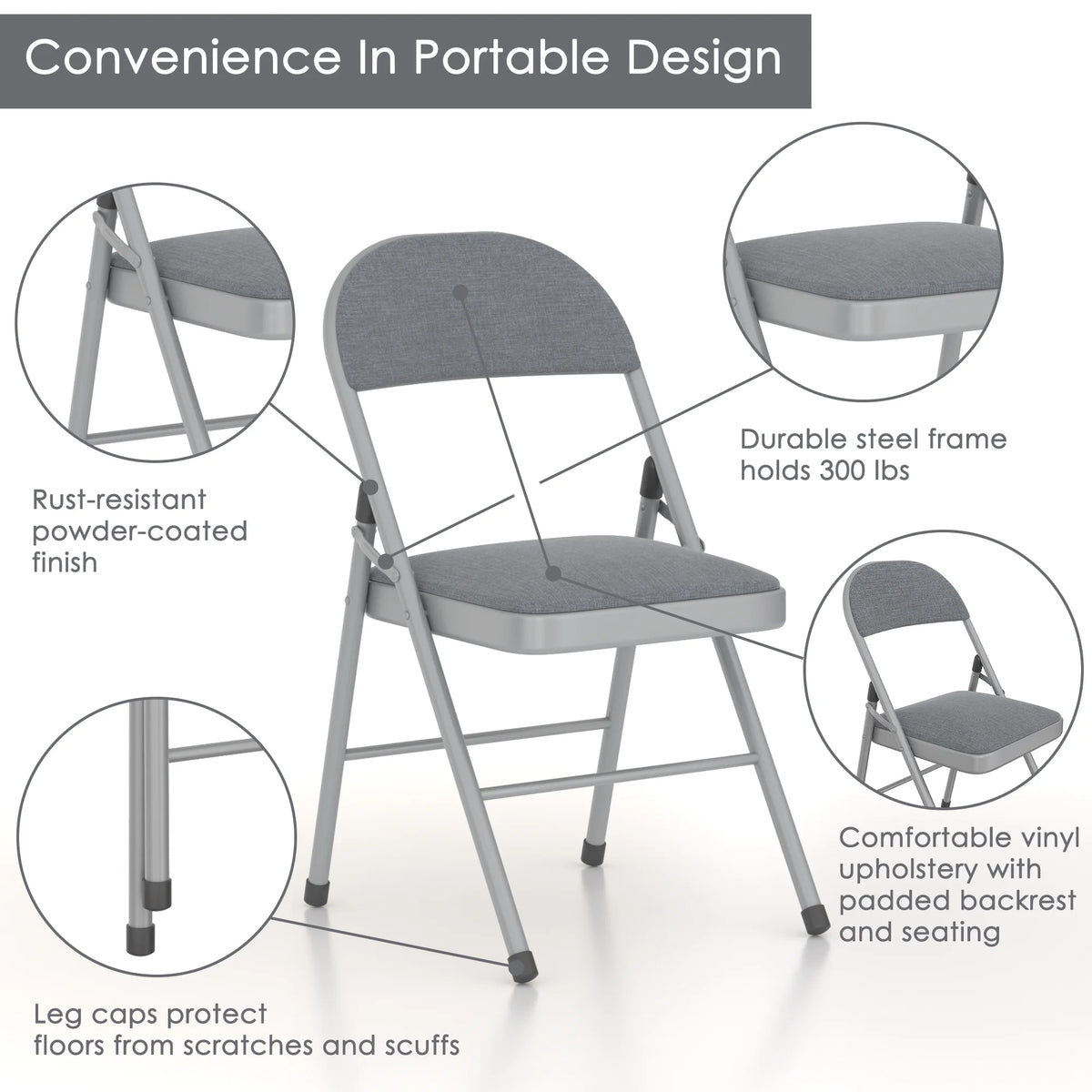VECELO Set of 4 Folding Chairs, Fabric Dining Chair Set with Padded Cushion and Back, Indoor Outdoor Upholstered Seat with Metal Frame for Home Office Events Wedding Party, Orange