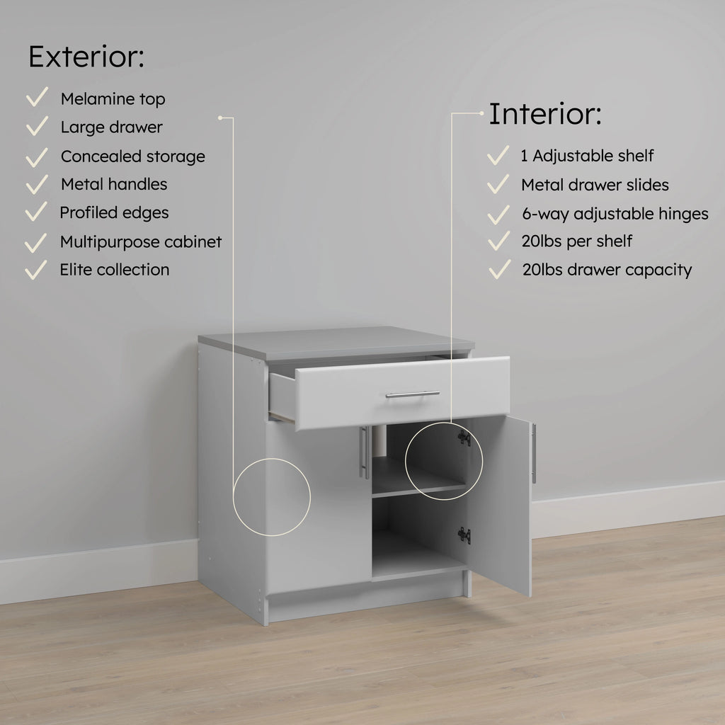 Prepac Elite 36" Tall Storage Cabinet with Doors and Shelves, Multipurpose Garage Cabinet with Large Drawer and Adjustable Shelf, Open Back Storage Furniture for Kitchen, Laundry Room, Garage, White