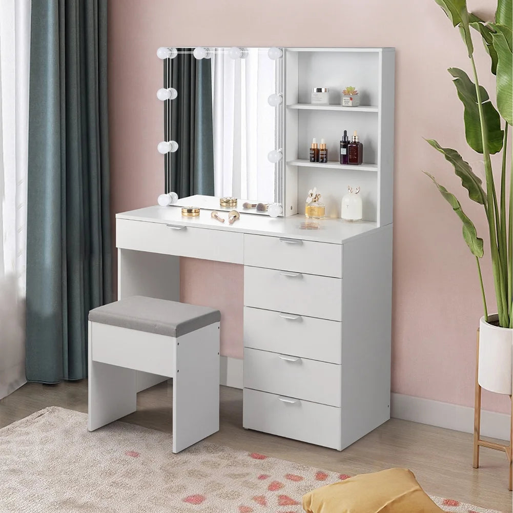 Resenkos Vanity Set with Mirror and 10LED Lights Makeup Vanity Desk Chair with 6 Drawers White