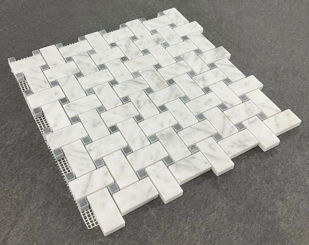 10 Sheets of 1" x 2" White Cararra and Gray Dot Basketweave Marble Mosaic Wall & Floor Tile