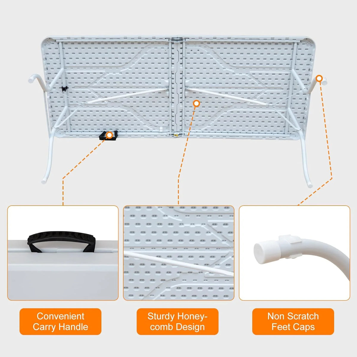 Folding Table with Carry Handle, Portable Fold-in-Half Plastic Table, Rectangle Foldable Table for Indoor