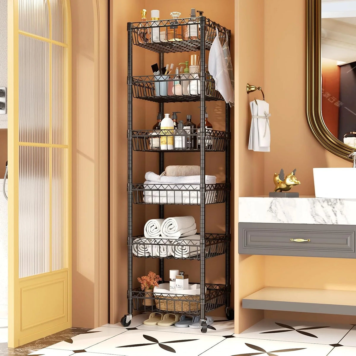 6 Tier Wire Shelving Unit with Wheels Baskets Storage Rack Corner Shelves Adjustable Shelf Closet Bathroom Organizers Metal Pantry Kitchen Garage Laundry Room 13.5" D x 13.5" W x 63" H White