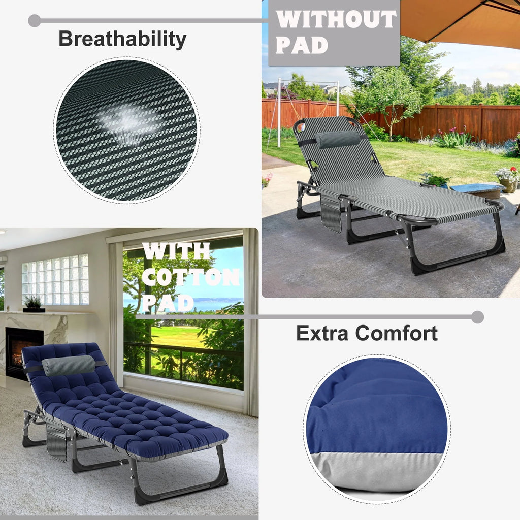 Docred 5-Fold Camping cot for Adults & Kids, Adjustable 4 Fold Reclining Folding Lounge Chairs , 2-Sided Mattress with Pillow, Portable Intdoor Folding Sleeping Cots Bed