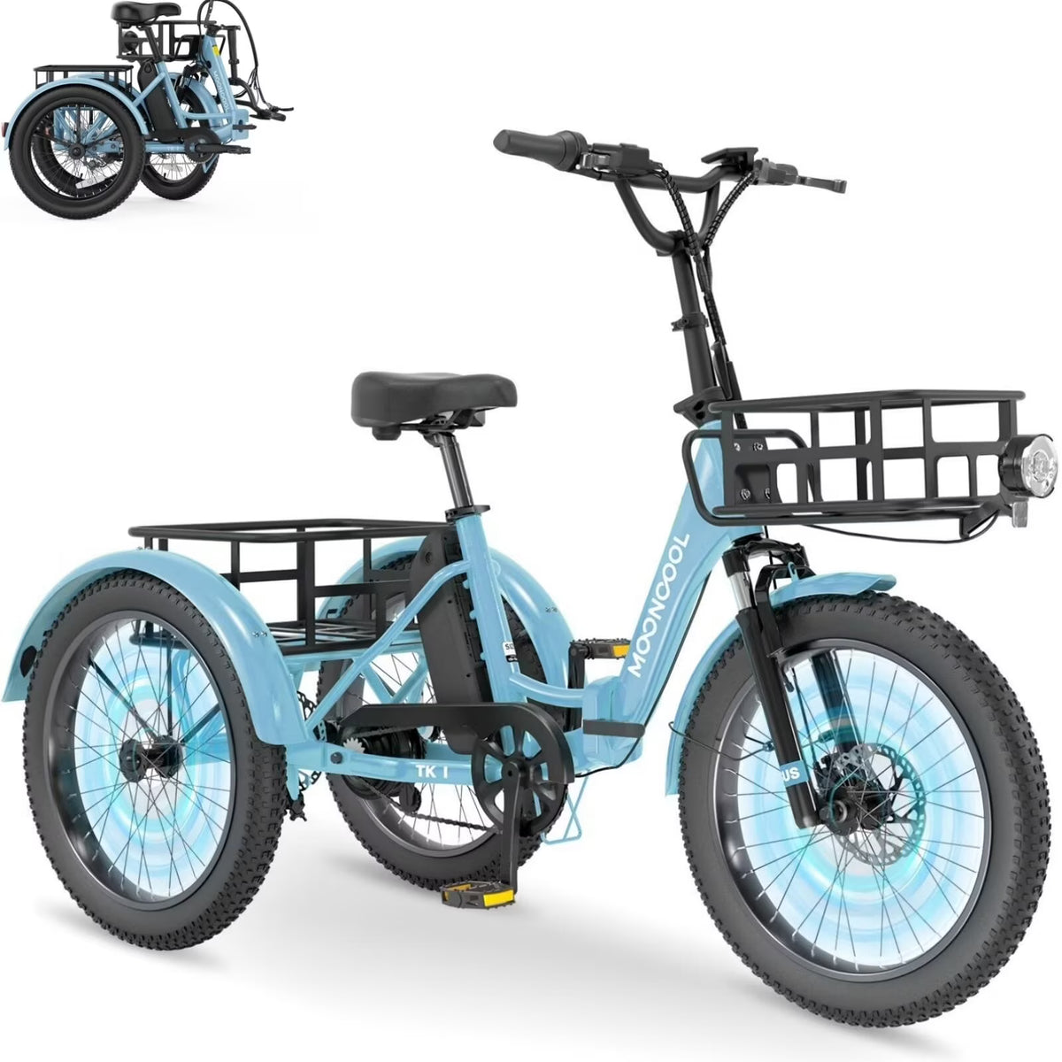 MOONCOOL TK1 Folding Electric Tricycle for Adults,48V 14.5Ah Removable battery, 500W��Peak 1000w��Motor, 20" Fat Tire Step-Thru 3Wheel Electric Bicycle w/Front&Rear Baskets, Certified to UL 2849 by SGS