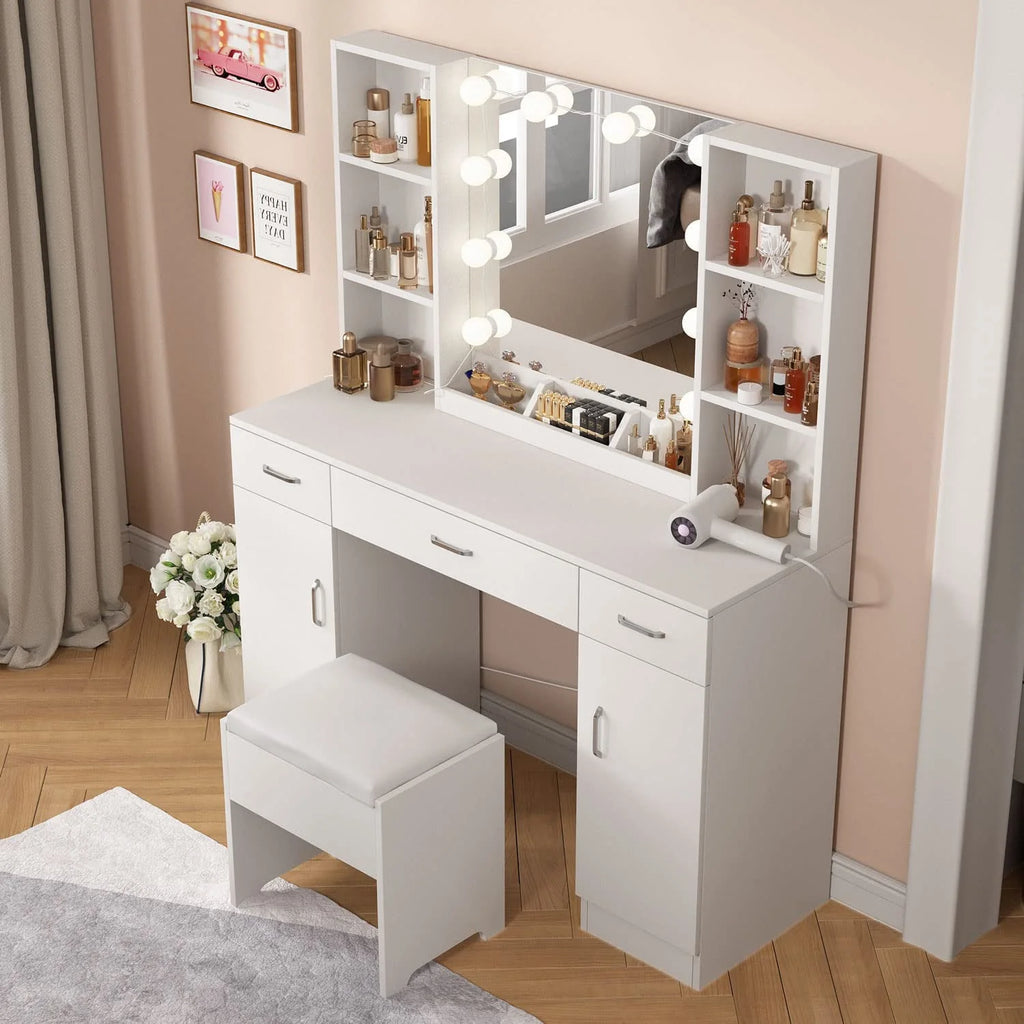Veanerwood Large Makeup Vanity Set with Lights, White Bedroom Makeup Vanity Table with Storage, 3 Adjustable Lighting Colors, Modern, 45.2in