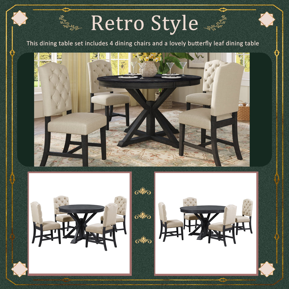 Harper & Bright Designs Round Extendable Dining Table Set for 4, 5 Piece Farmhouse Wood Dining Table Set with 4 Upholstered Dining Chairs, Natural Wood Wash