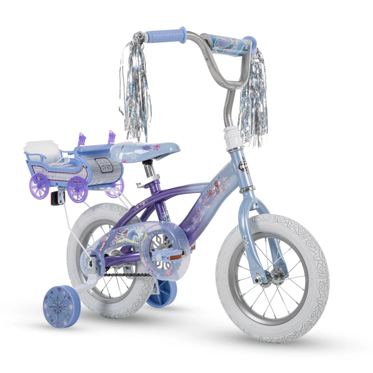 Frozen Bike with Doll Carrier Sleigh for Girl's, 12 In., White and Purple by Huffy