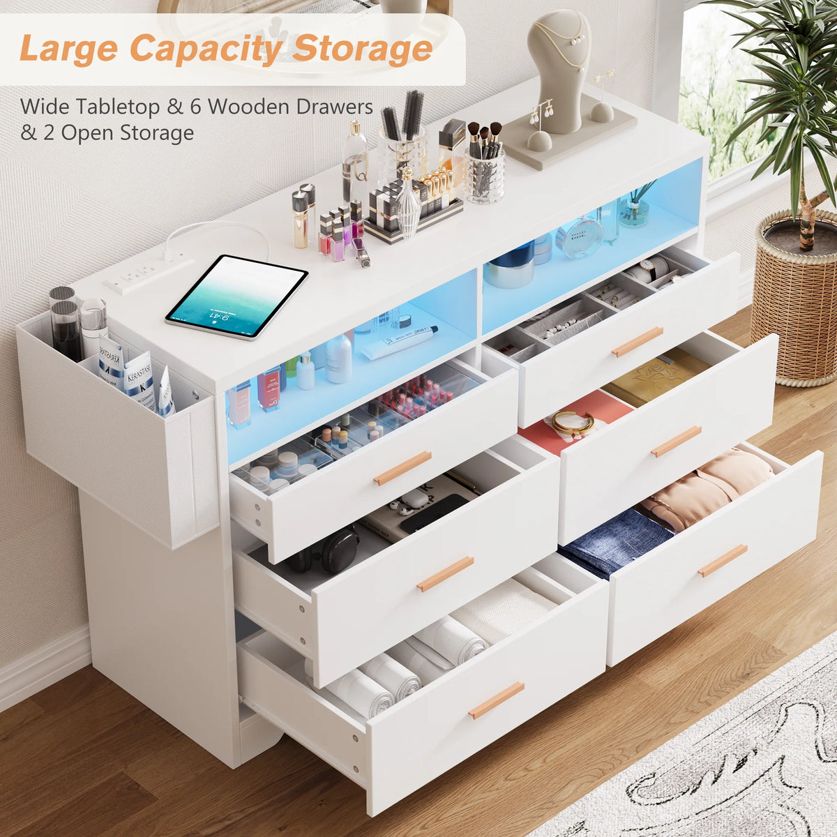 White Dresser for Bedroom,6 Drawers Dresserwith LED Lights and Charging Station, 47" Wide Bedroom Dresser Chest of Drawers Storage Organizer TV Stand for up to 55" TV for Living Room