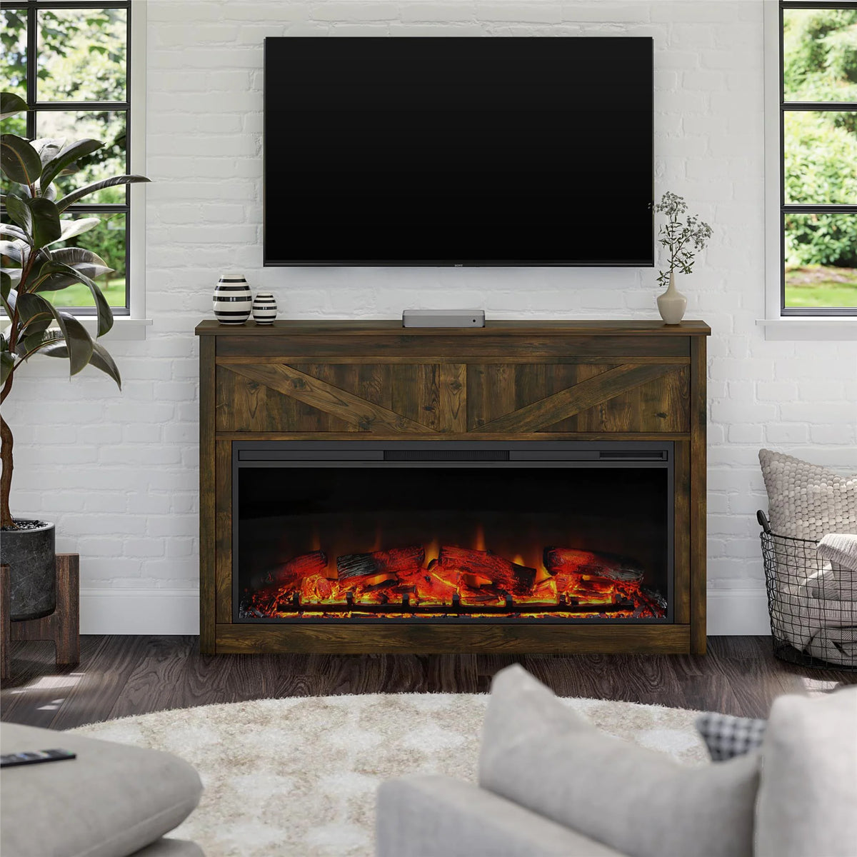 Farmington Wide Modern Farmhouse Mantel with Electric Fireplace, Rustic