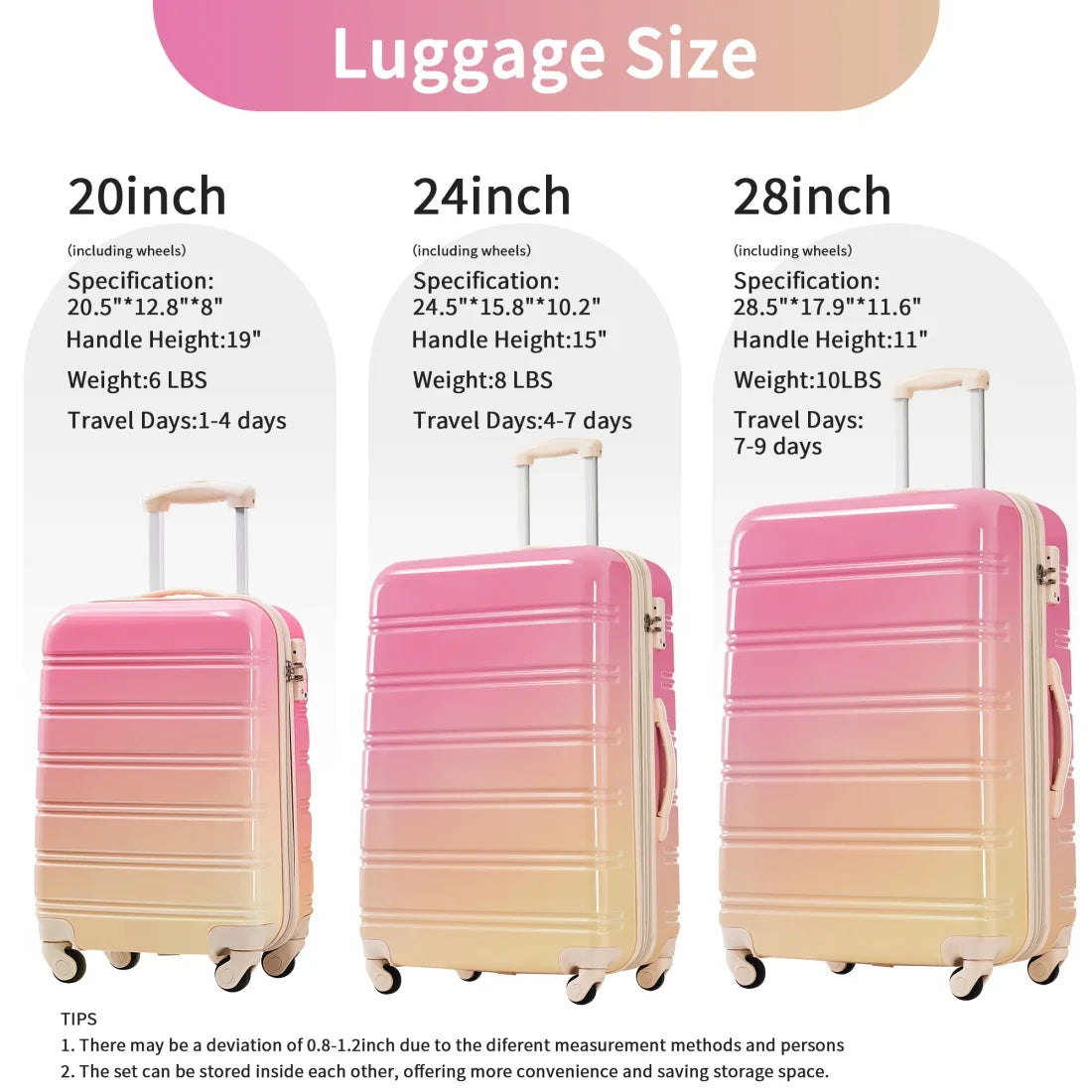 3 Piece ABS Luggage Set, Luggage with Spinner Wheel & TSA  20/24/28 inch, Purple