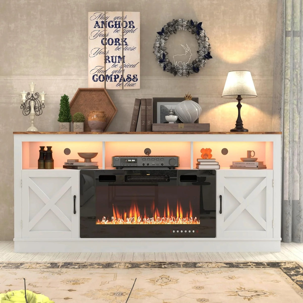 ChVans 70" Fireplace TV Stand for TVs up to 80" with 36" Electric Fireplace, Farmhouse Entertainment Center with LED, Wooden Media Console for Living Room, Bedroom