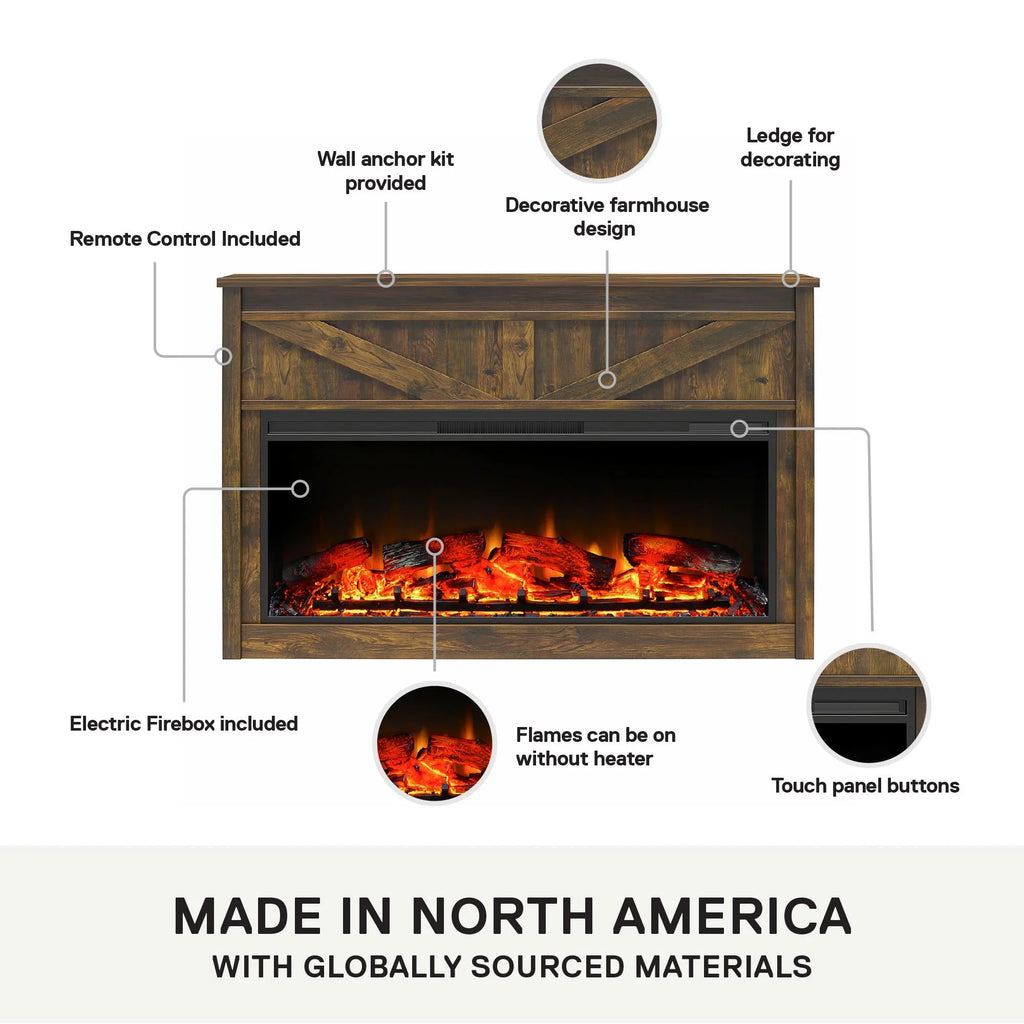 Farmington Wide Modern Farmhouse Mantel with Electric Fireplace, Rustic