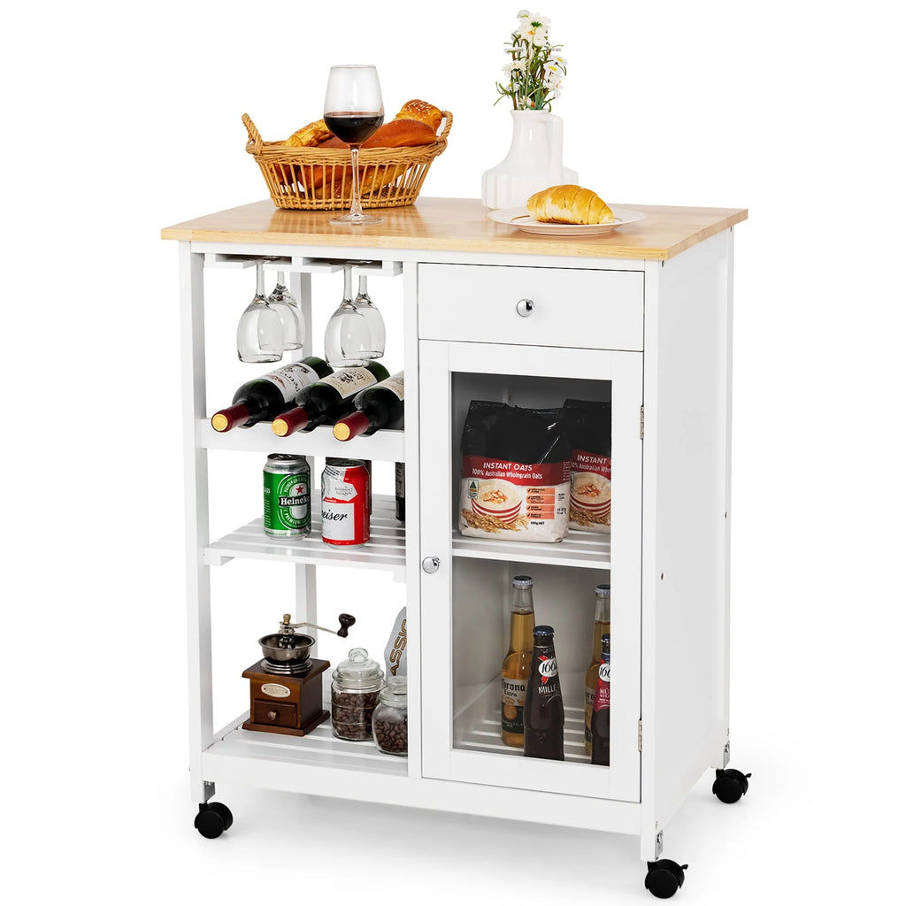 Costway Rolling Kitchen Island Wood Top Trolley Cart Storage Cabinet w/Shelf & Wine Rack