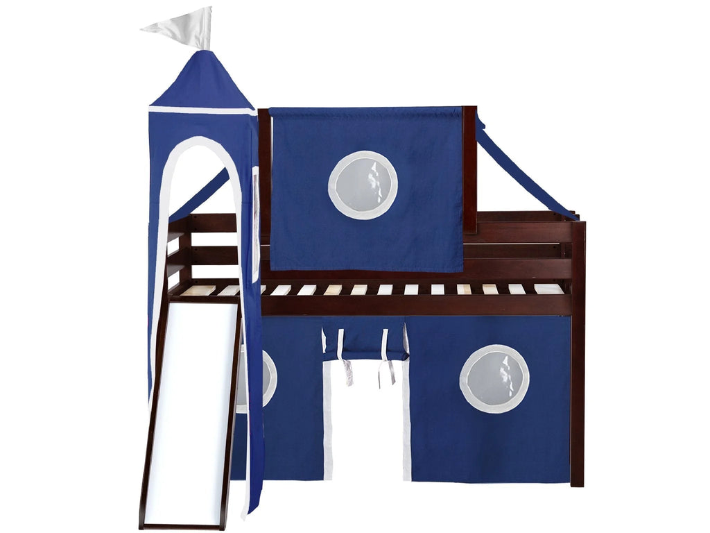 JACKPOT! Castle Low Loft Bed with Slide, Red Yellow and Blue Tent and Tower, Twin, Cherry