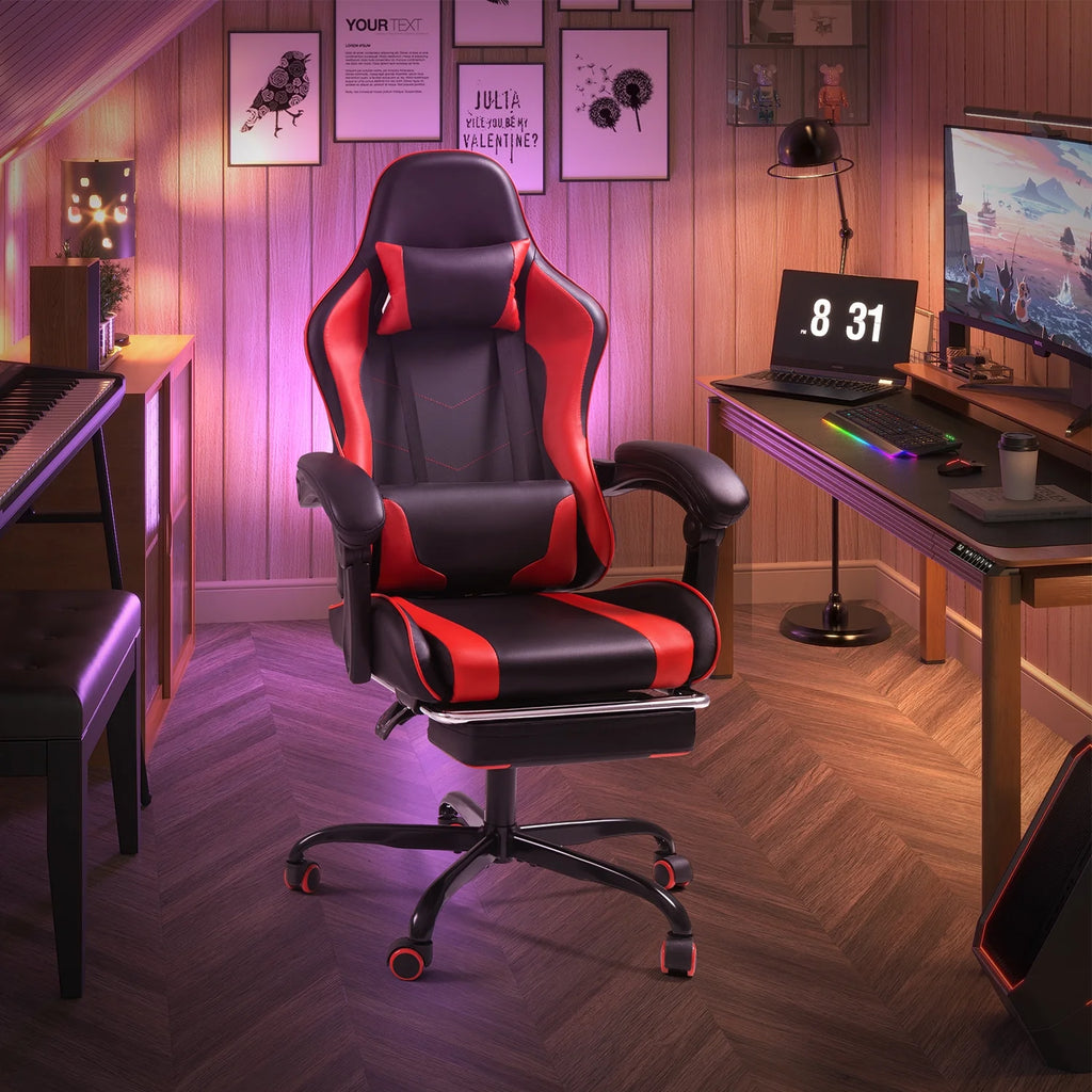 Lacoo PU Leather Gaming Chair Massage Ergonomic Gamer Chair Height Adjustable Computer Chair with Footrest & Lumbar Support, White
