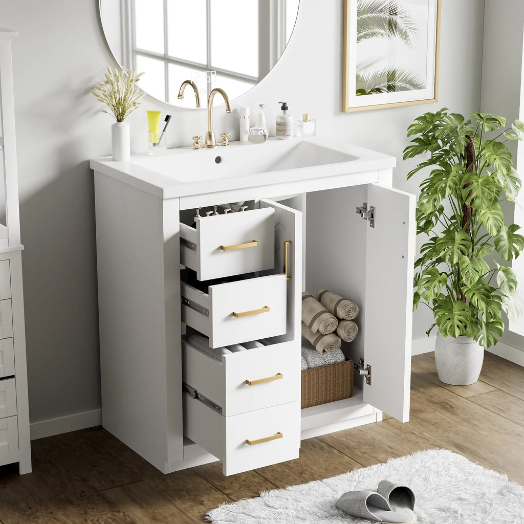ENSHUI 30-Inch Bathroom Vanity with Ceramic Sink Combo, Solid Wood Frame, 4 Drawers, Soft Closing Doors, Green