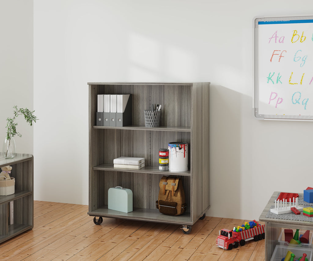 Tot Mate Open Double Sided 3 Tier Mobile Shelves Wooden Classroom Bookcase, Red, 36"W x 23"D x 48"H
