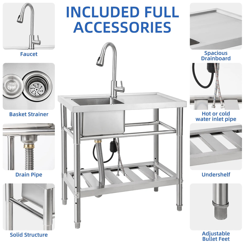 WPOND 30" Freestanding Utility Sink with Hot and Cold Faucet, Stainless Steel Sink with Workbench, Commercial Kitchen Single Bowl Sink for Garage, Restaurant, Kitchen, Laundry, NSF Certified