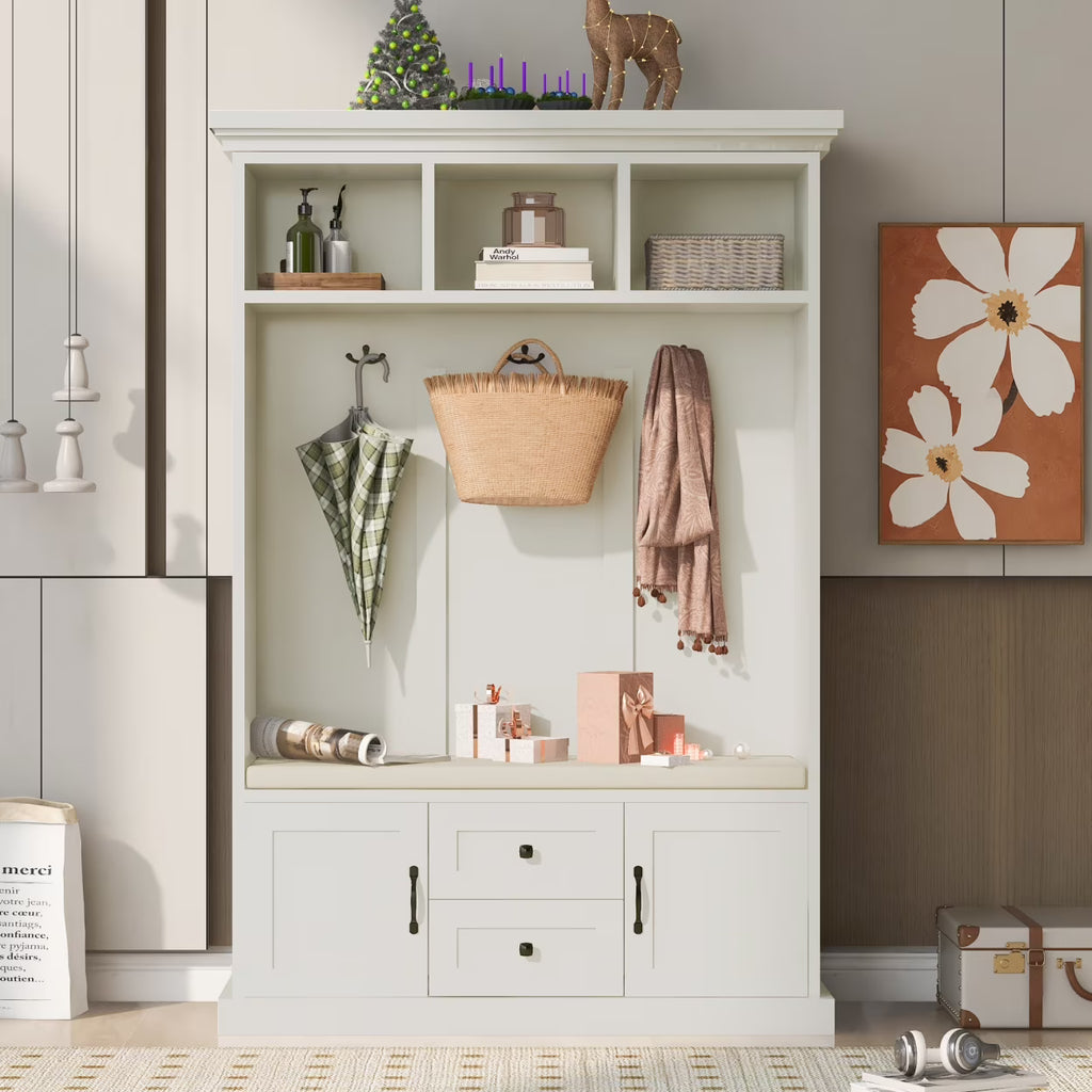 Triple Tree 3-in-1 Modern Wooden Tiger Entryway Bench Storage Cabinet Hall Tree