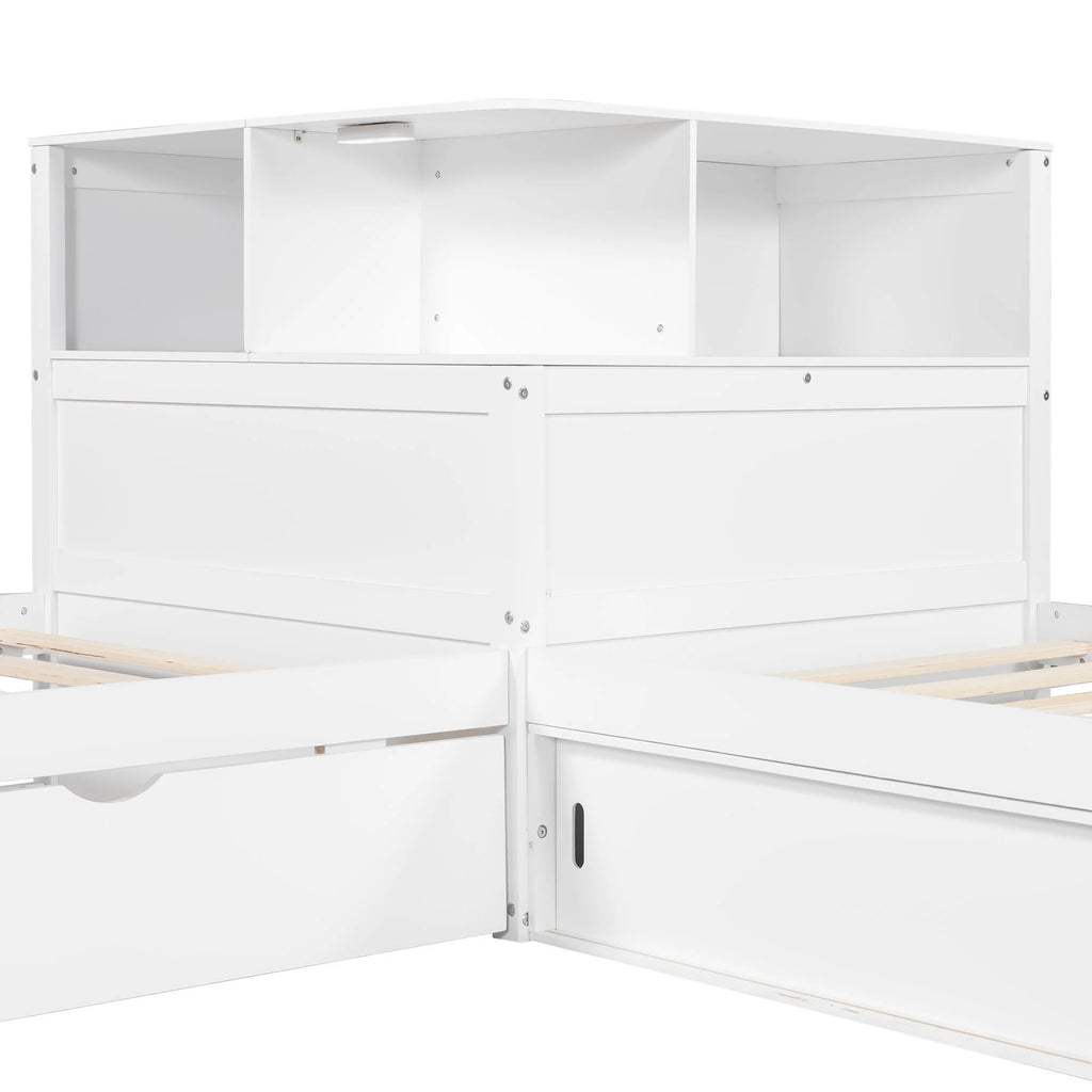 Euroco Pine Wood L-Shaped Twin Platform Bed with Storage Desk, Cabinets, Trundle and LED Light for Kids Teens, Gray