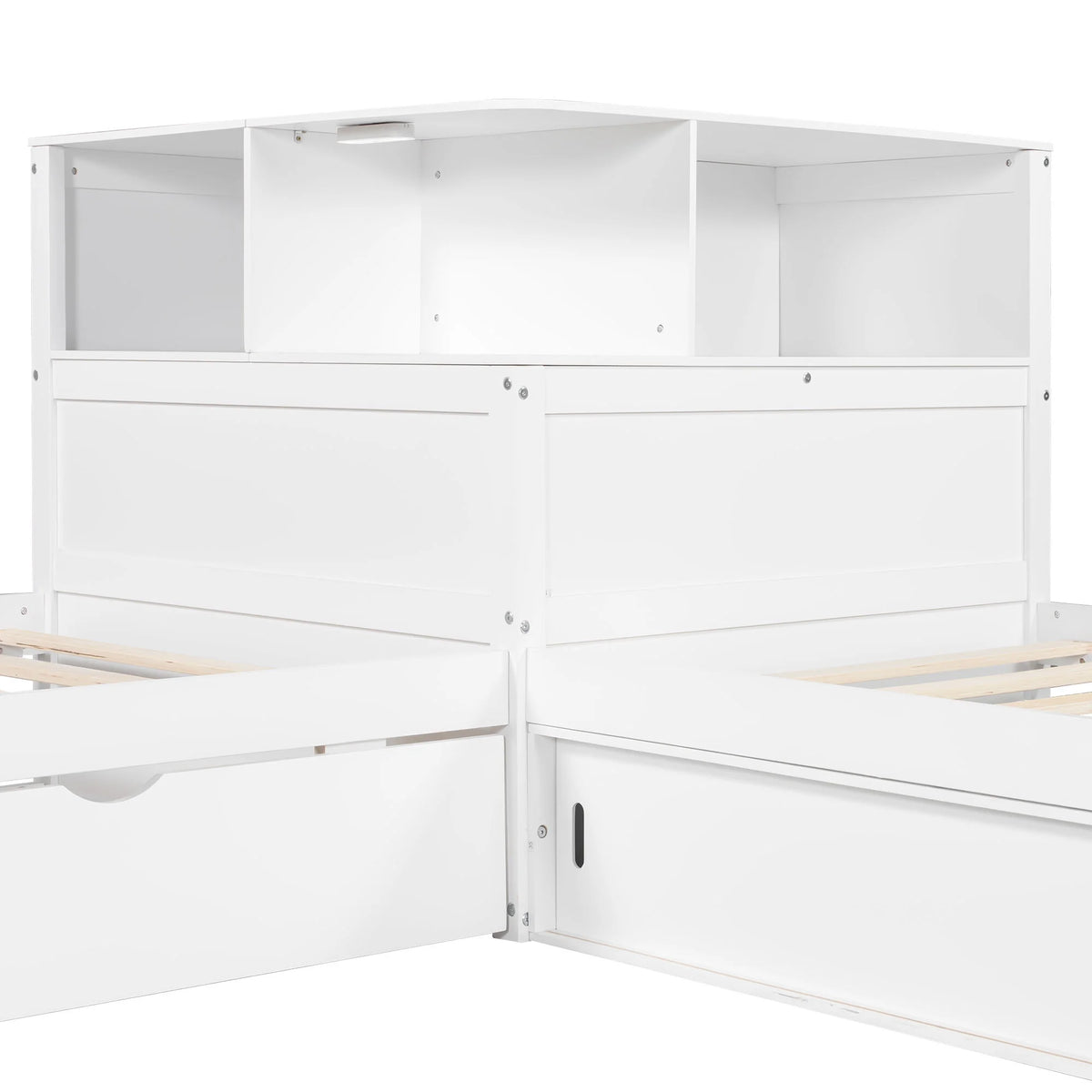Euroco Pine Wood L-Shaped Twin Platform Bed with Storage Desk, Cabinets, Trundle and LED Light for Kids Teens, Gray