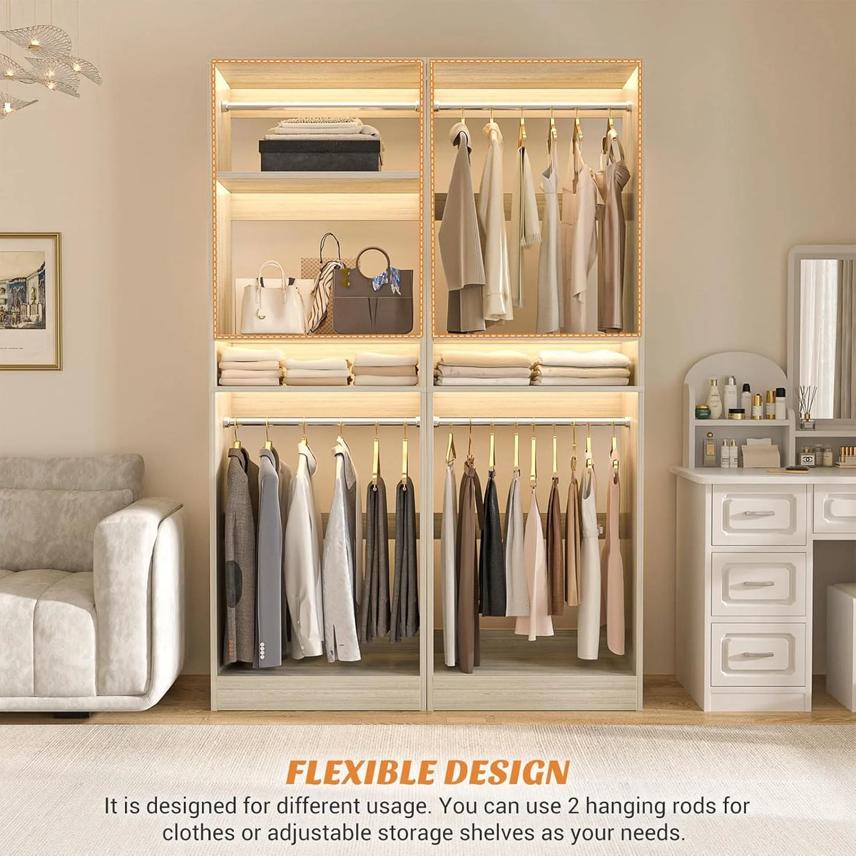 Homieasy 25�?Closet System, Freestanding Closet Organizer Wardrobe with Hanging Rods and Shelves, Adjustable Clothes Garment Rack, Sturdy Walk in Closet Tower, White