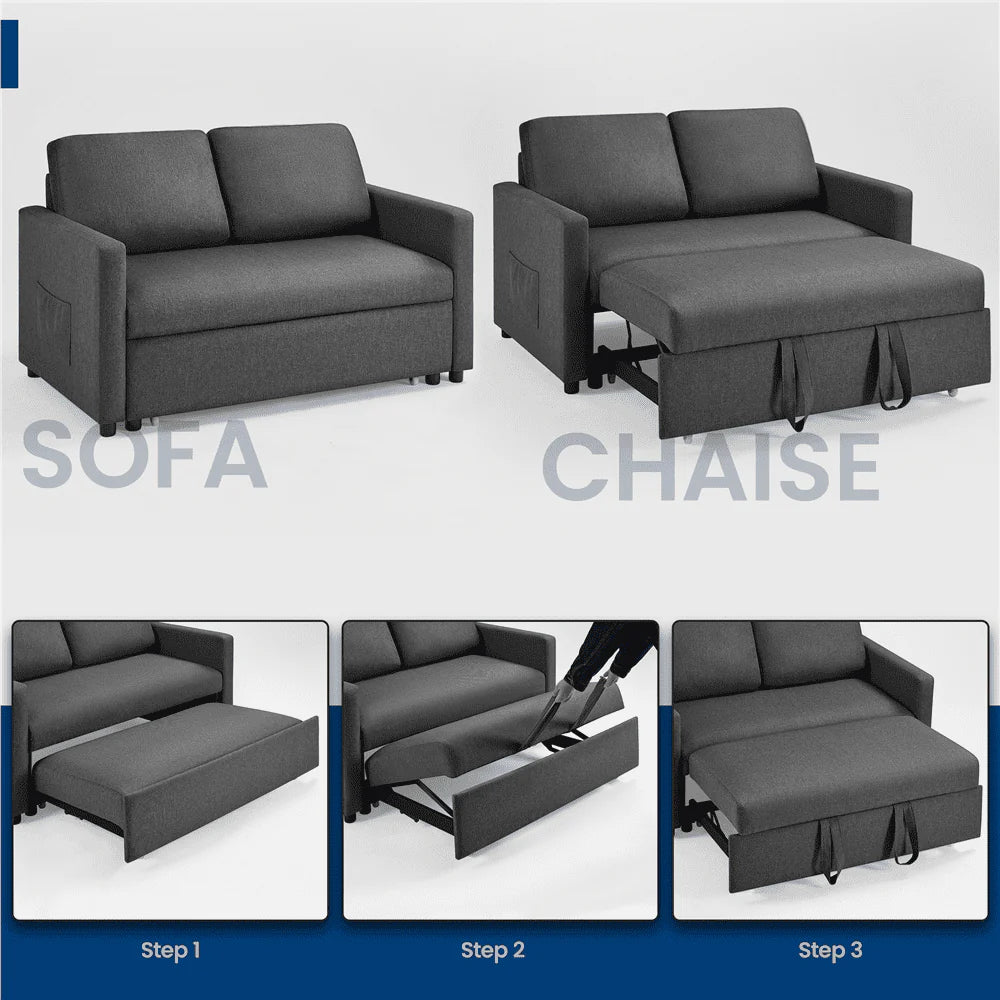 Alden Design Linen Loveseat Sofa with Pull-Out Trundle Bed, Dark Gray