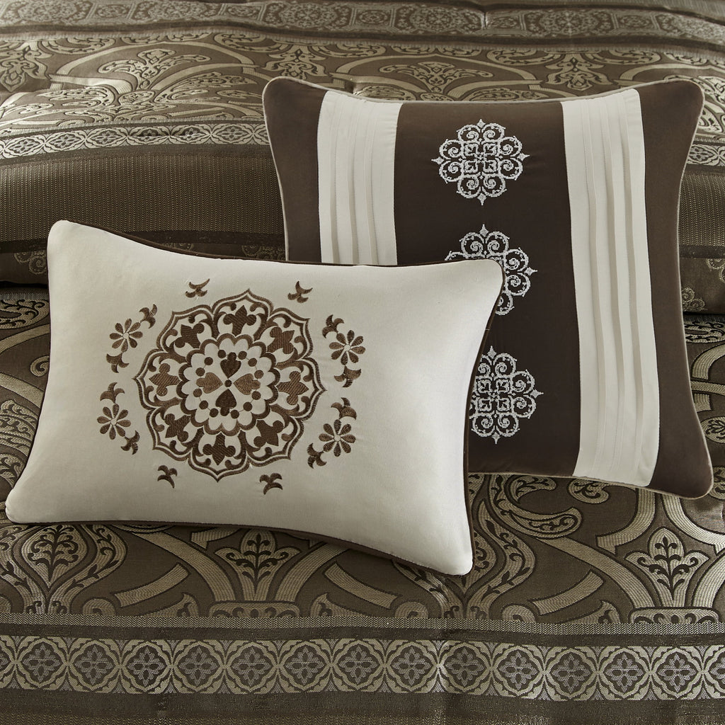Home Essence Dennie 16 Piece Jacquard Complete Bedding Set With 2 Sheet Sets, King, Brown