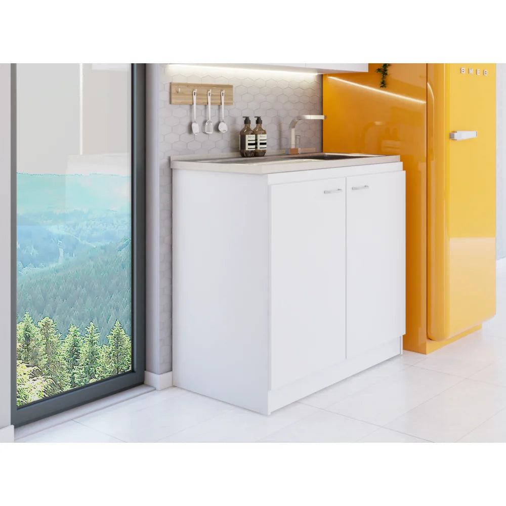 Depot E-Shop Salento Freestanding Sink With Double Door Cabinet, 2 Shelves, White/Light Oak