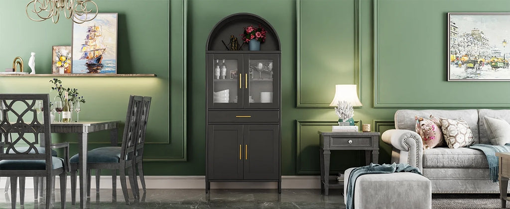 SUPEER Metal Arched Storage Display Cabinet with Glass Doors and Adjustable Shelves, Lockable Cabinet, Assembly Required, Black