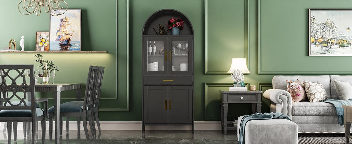 SUPEER Metal Arched Storage Display Cabinet with Glass Doors and Adjustable Shelves, Lockable Cabinet, Assembly Required, Black