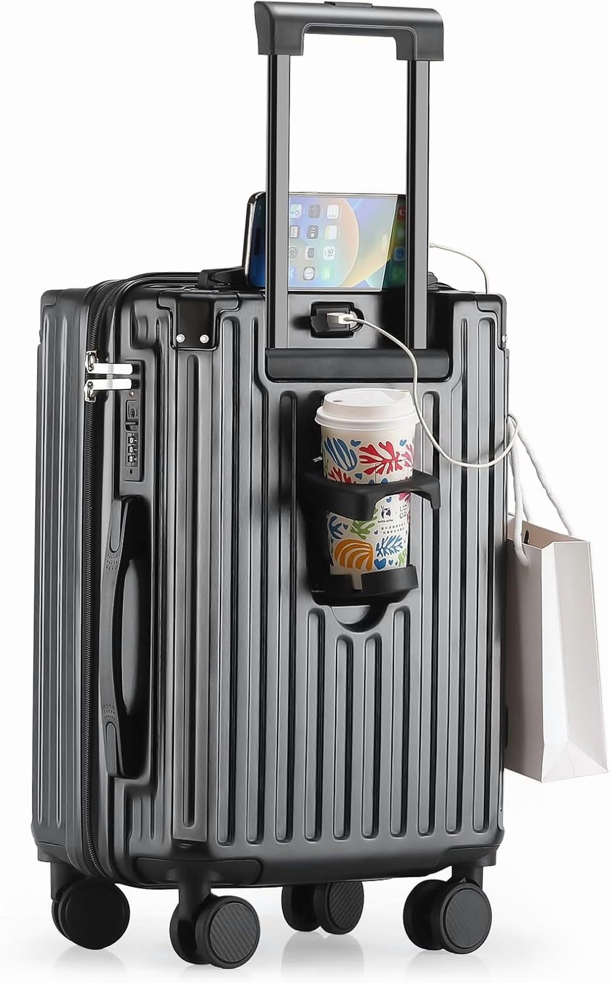 20 Inch Carry On Luggage With Cup Holder & USB Port, Airline Approved TSA-locked Luggage, Lightweight PC Material Travel Suitcase With 360�� Spinner Wheel