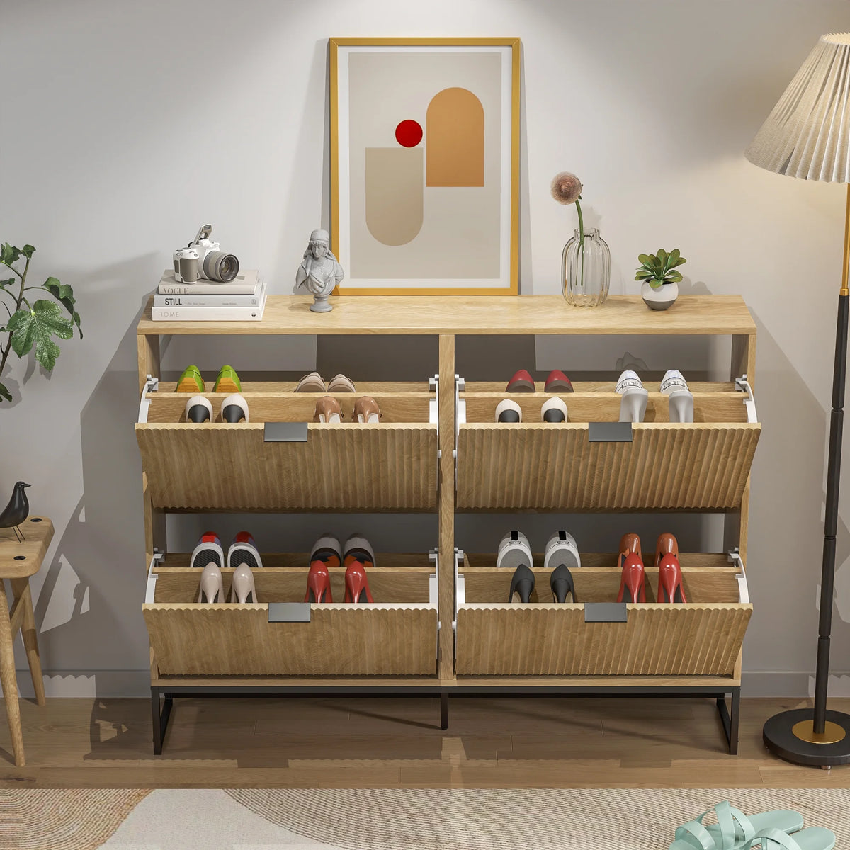 Oubayajia Modern Shoe Storage Cabinet, Wood Shoe Rack Organizer with 2 Flip Drawers, Freestanding Narrow Shoe Cabinet for Entryway Hallway, Natural