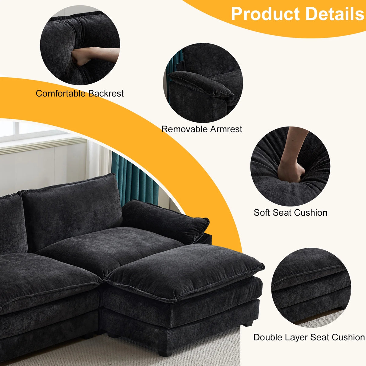 Zimtown Sectional Sofa with Ottoman, L Shaped Convertible Couch with Removable Chaise Chenille Fabric Sofa Set for 4-6 Persons Living Room Furniture Dark Grey