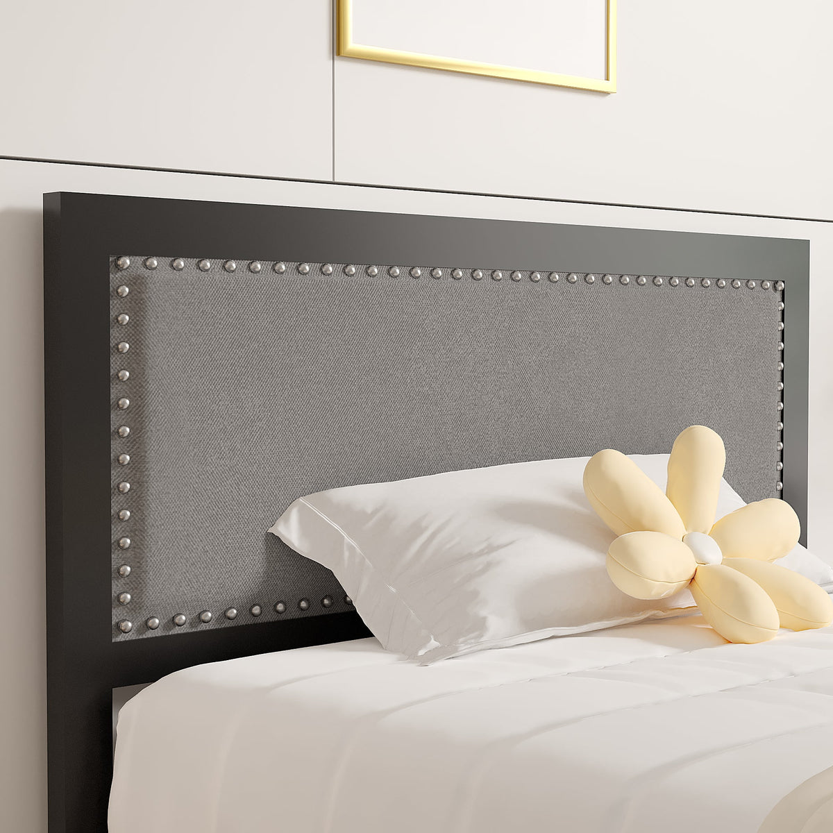 VECELO Queen Size Bed Frame Metal Platform Bed with Upholstered Headboard, No Box Spring Needed, Black