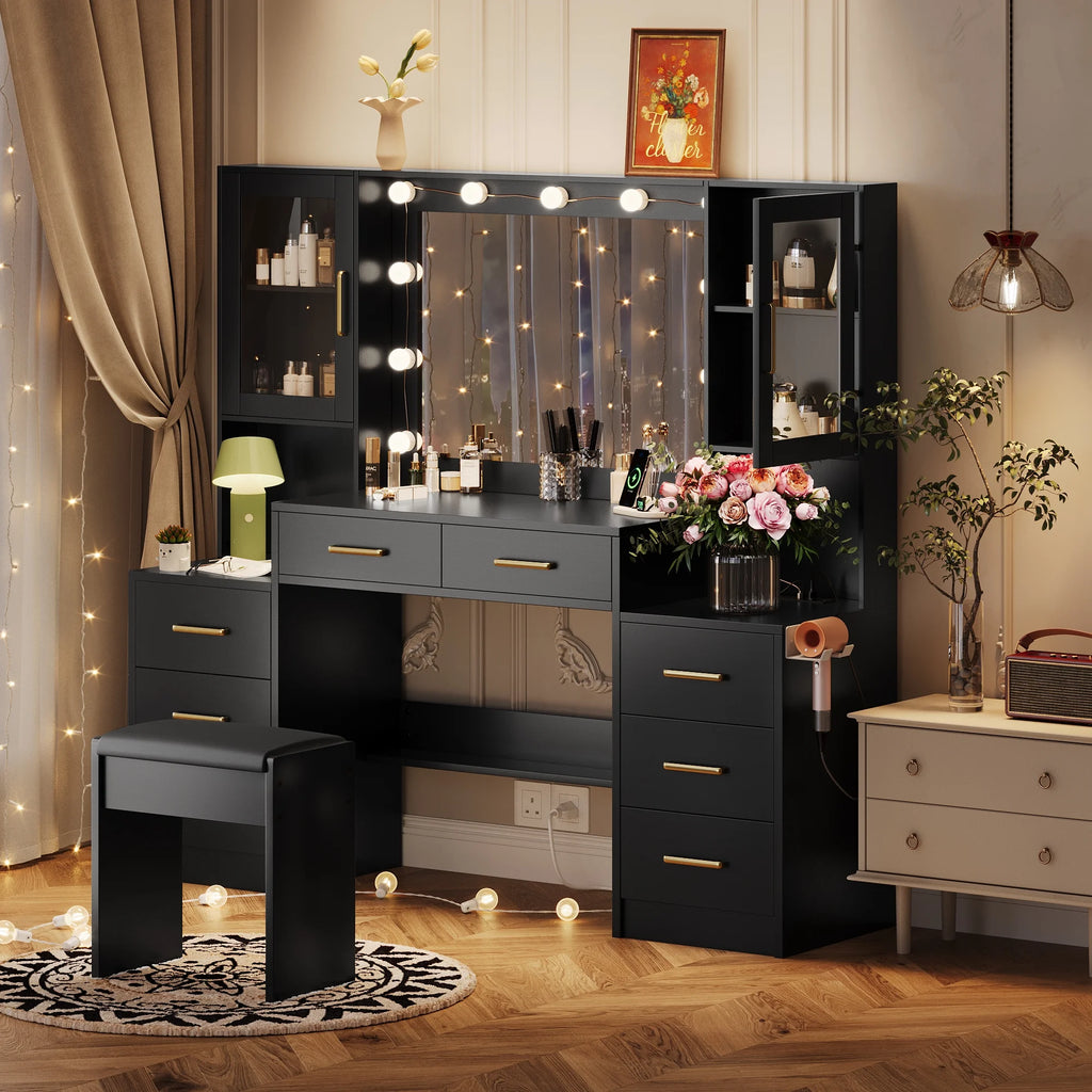 UGTOO 58.3" White Vanity Desk with Mirror, Adjustable Lighting, Power Outlet, Drawers, with Stool