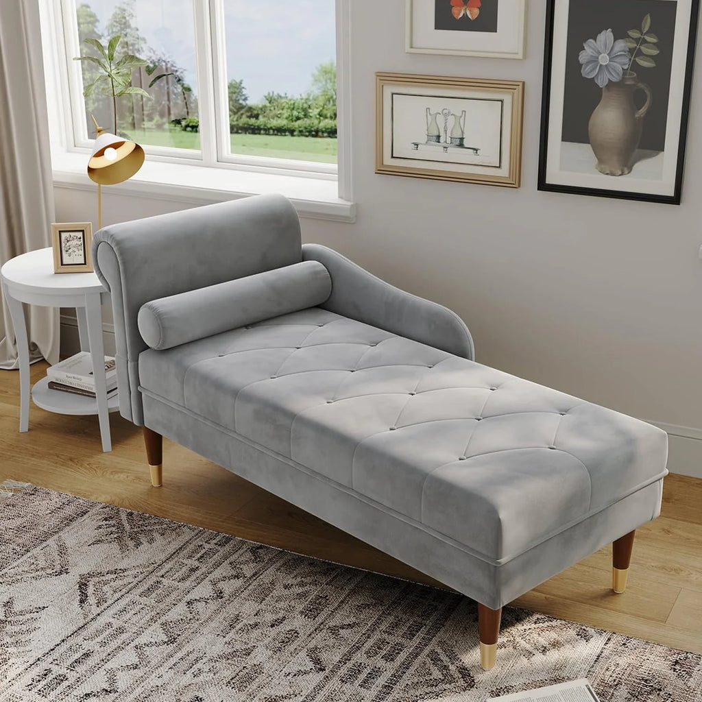 Vesgantti Velvet Chaise Lounge,59" Modern Upholstered Lounge Chair Indoor with Round Armrest Lumbar Pillow, Single Sofa for Living Room Bedroom Office,Grey