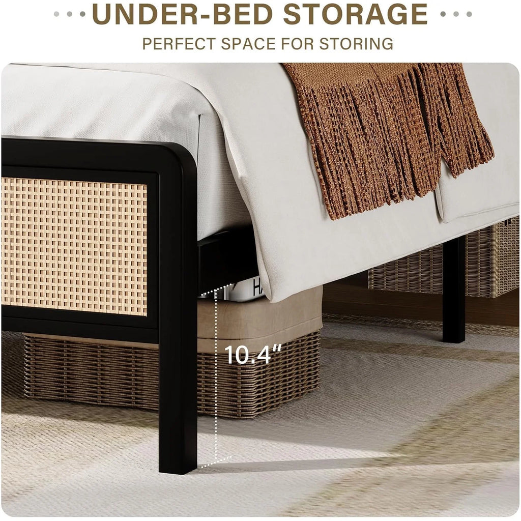 4 EVER WINNER Queen Size Bed Frame, Rattan Bed Frame with Natural Rattan Headboard and Footboard, No Box Spring Needed, Black