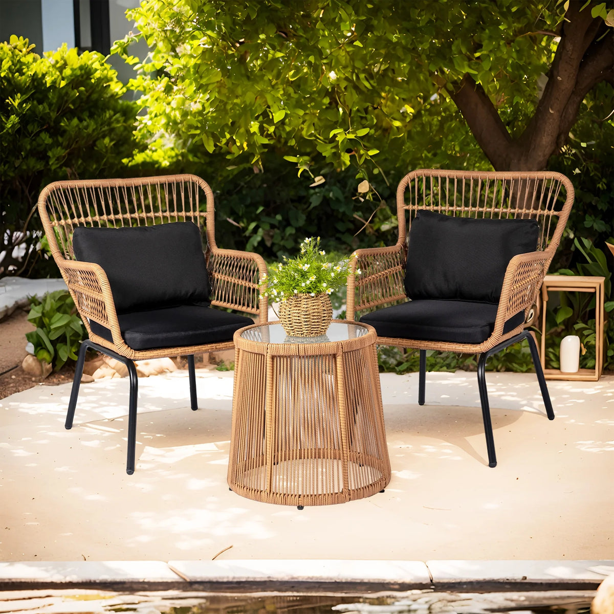 Tappio 3-Piece Patio Conversation Bistro Set Rattan Furniture, Outdoor Patio Set w/Glass Top Table & Cushions for Garden Balcony Backyard Poolside, Yellow/Beige