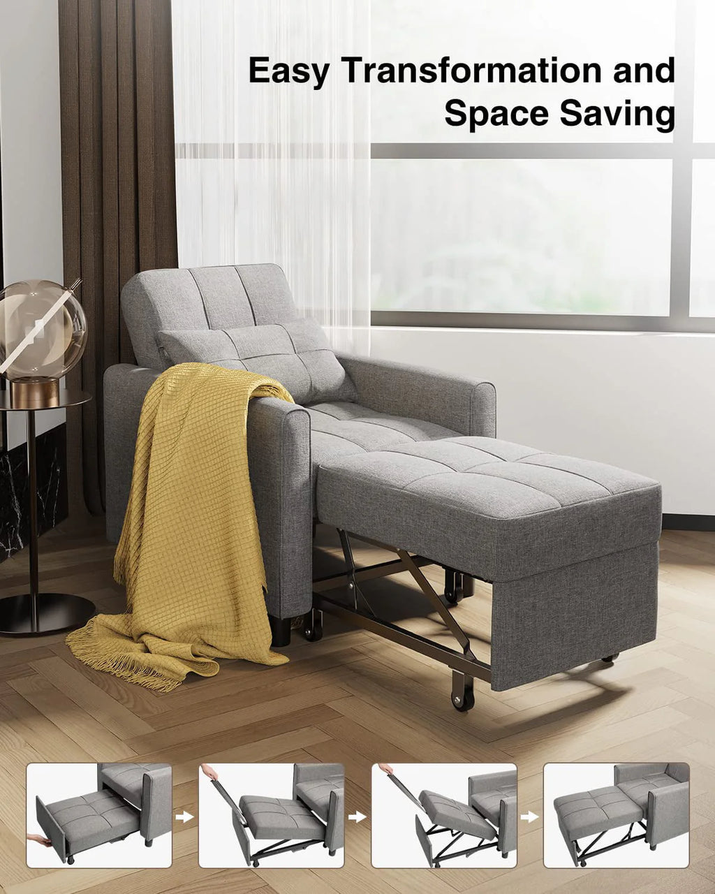 Lofka Chair Bed, Convertible Sofa Bed Couch Recliner Single Bed for Living Room/Office/Bedroom, Light Gray
