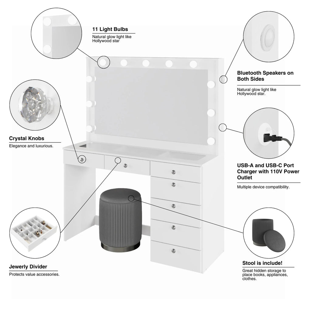 Ember Interiors Modern Large Greige Makeup Vanity Desk with Built-in Lights, Power Outlet with USB Type-C, Glass Top, 7 Drawers and Crystal Knobs