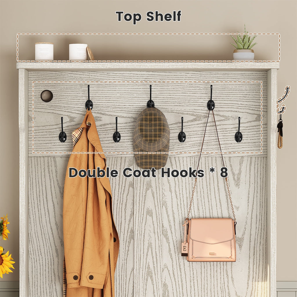Farmhouse Wood Hall Tree with Shoe Bench and Console Table, LED 4-in-1 Coat Rack with 8 Hooks and 7 Adjustable Shoe Cubbies, Multifunctional Entryway Storage Organizer with Cabinet, Vintage White