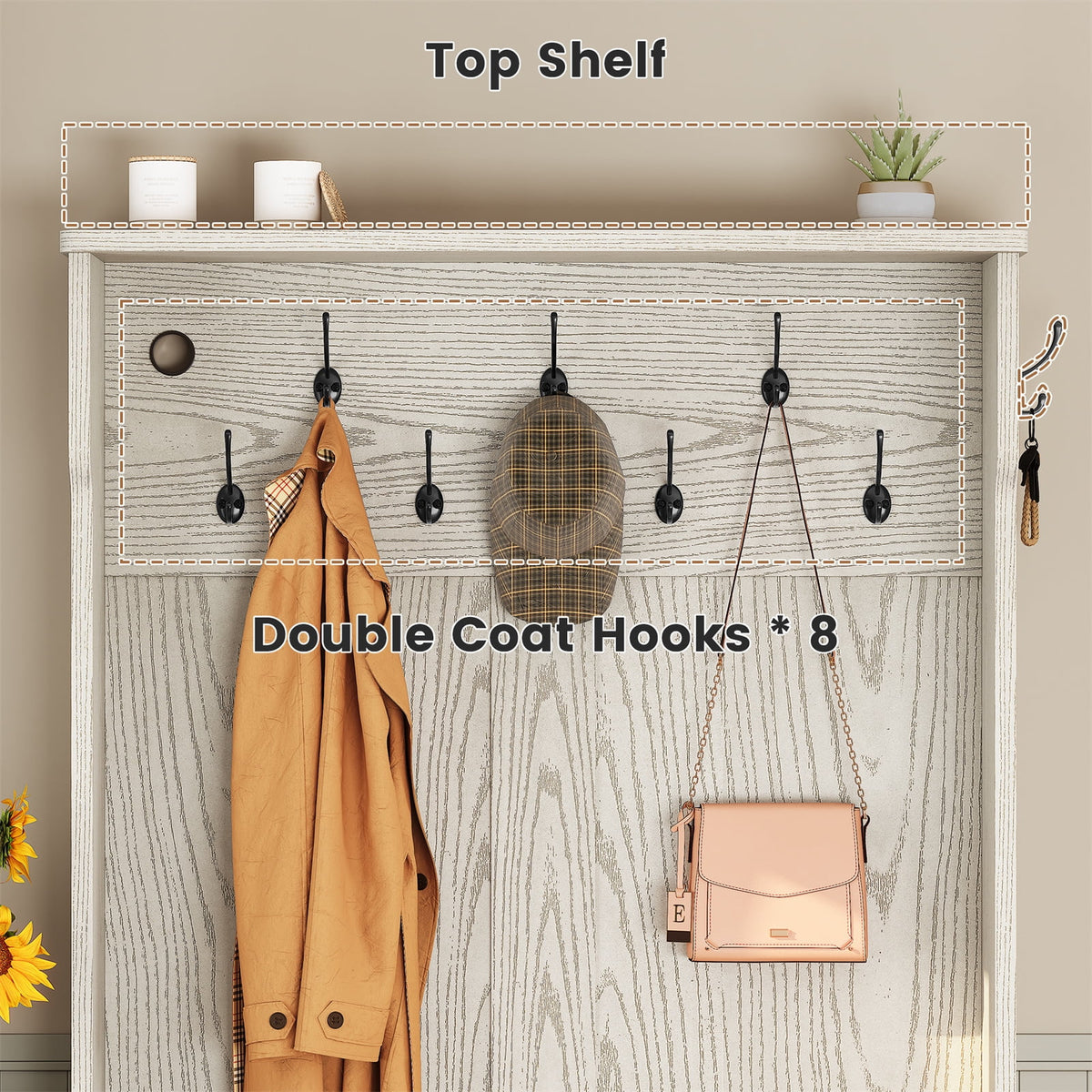 Farmhouse Wood Hall Tree with Shoe Bench and Console Table, LED 4-in-1 Coat Rack with 8 Hooks and 7 Adjustable Shoe Cubbies, Multifunctional Entryway Storage Organizer with Cabinet, Vintage White