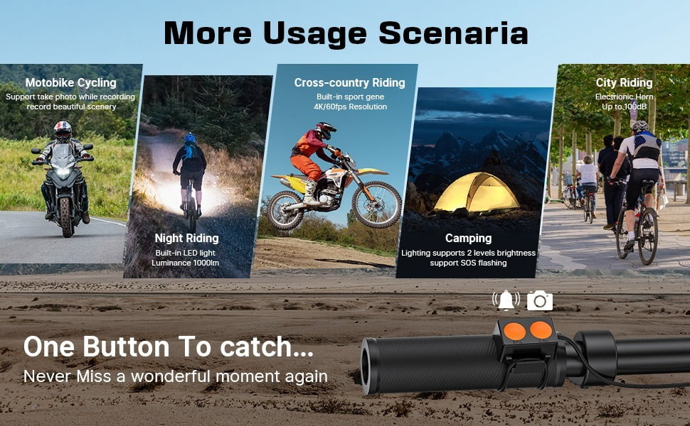 4K Motorcycle Camera with Light and Horn, Cycling Dash Cam with 6-Axis Stabilization, Night Vision, Waterproof, 128G Support