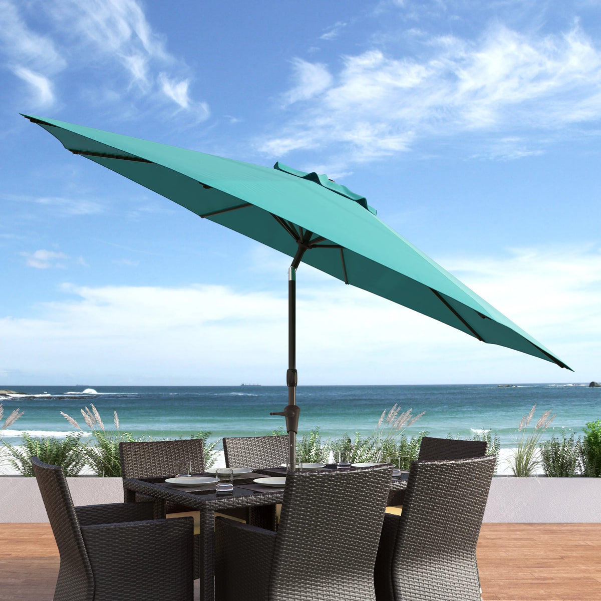 CorLiving 10 Foot Wind Resistant Patio Umbrella, Outdoor Parasol with Crank Tilt, Round Market Umbrella for Patio, Umbrella with Crank, Tilt Umbrella, Outdoor Umbrella, Turquoise