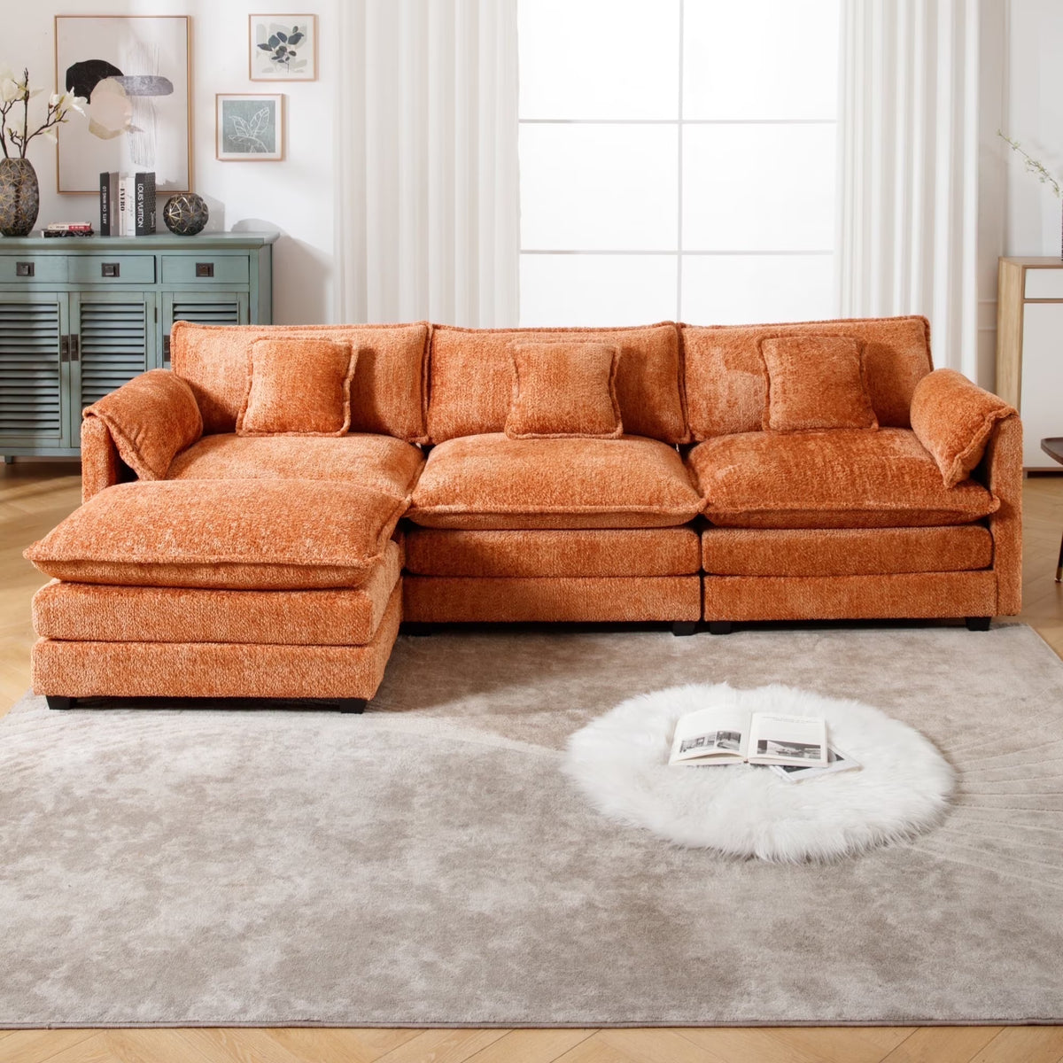 GNIXUU 112" Oversized Sectional Sofa Cloud Couch for Living Room, Modern Chenille L Shaped Couch, Comfy Boucle Modular Sofa Sleeper with Moveable Ottoman & Memory Foam (Green)